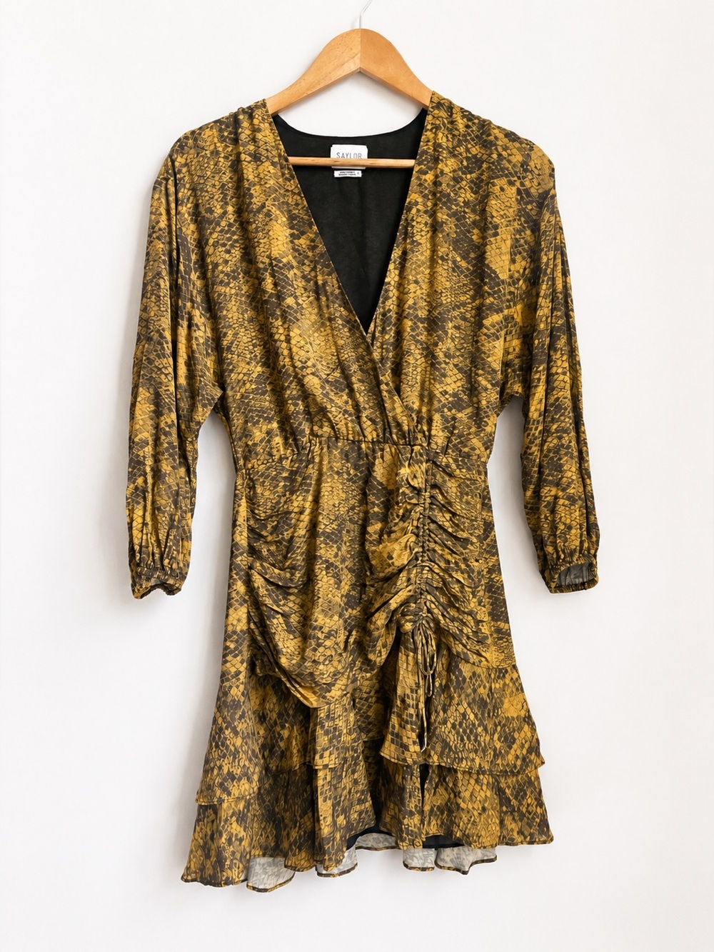 Saylor Snake Print Ruched Front Mini Dress Long Sleeve V-Neck Cocktail Dress